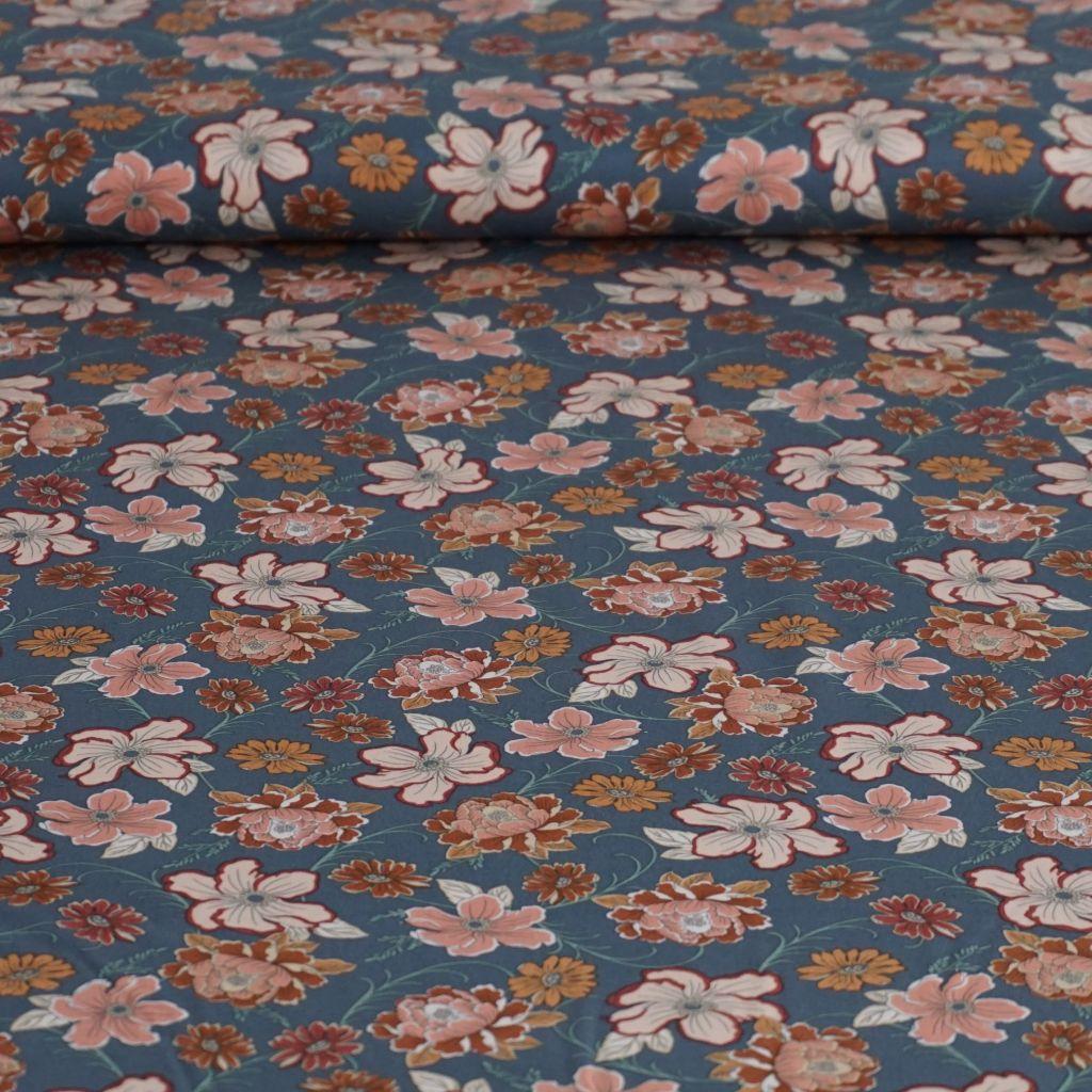 Viskose Stretch Druck Blüten beige rost auf rauchblau